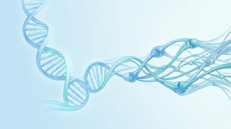 Illustration of a DNA double helix connecting to a diagram of flexible joints, representing the Ehlers-Danlos diagnostic criteria update.