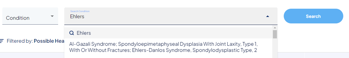 search bar with condition selected and Ehlers typed in